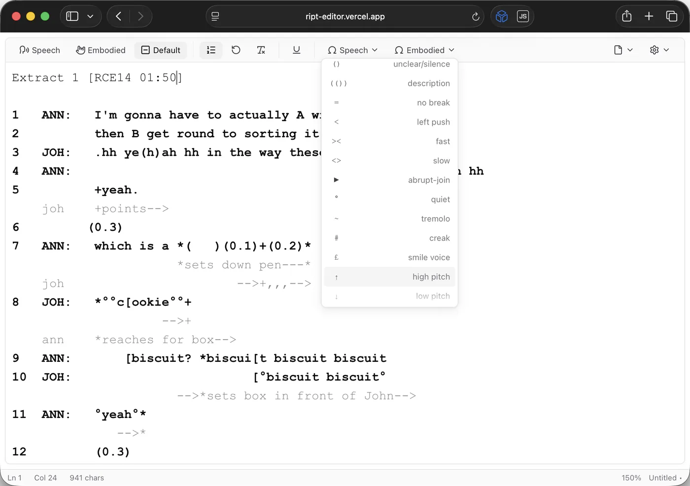 Ript in a browser window: a numbered multimodal transcript, with the menu of speech symbols open